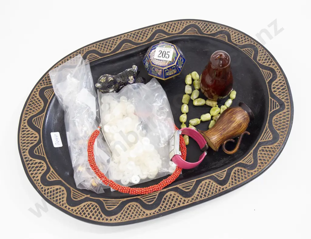 Qty of Assorted Including Cloisonné on Carved Wooden Platter Image 1++