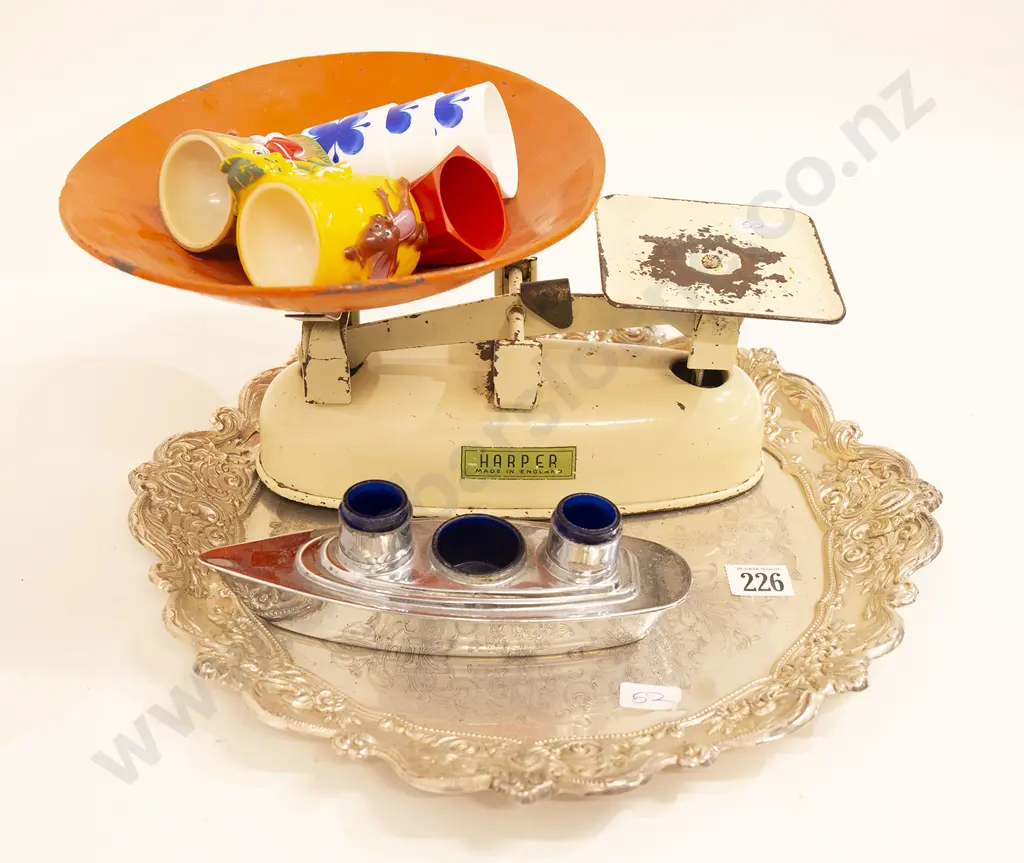 Vintage Kitchen Scales Assorted Egg Cups and Chrome Boat Shaped inkwell on S/P Tray Image 1++
