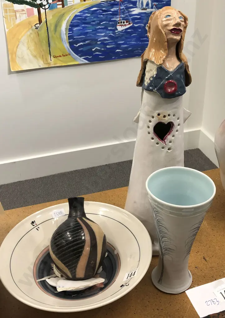 Sue Newitt Pottery Vase with Three Other NZ Pottery Pieces Image 1++