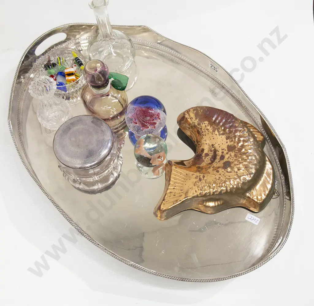 Large S/P Tray with Assorted Glass Ornaments and Copper Fish Mould Image 1++