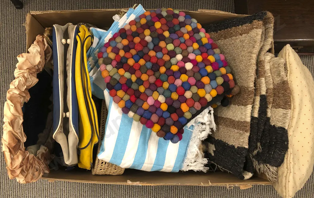 Box Quantity of Assorted Textiles Rugs Bags etc Image 1++