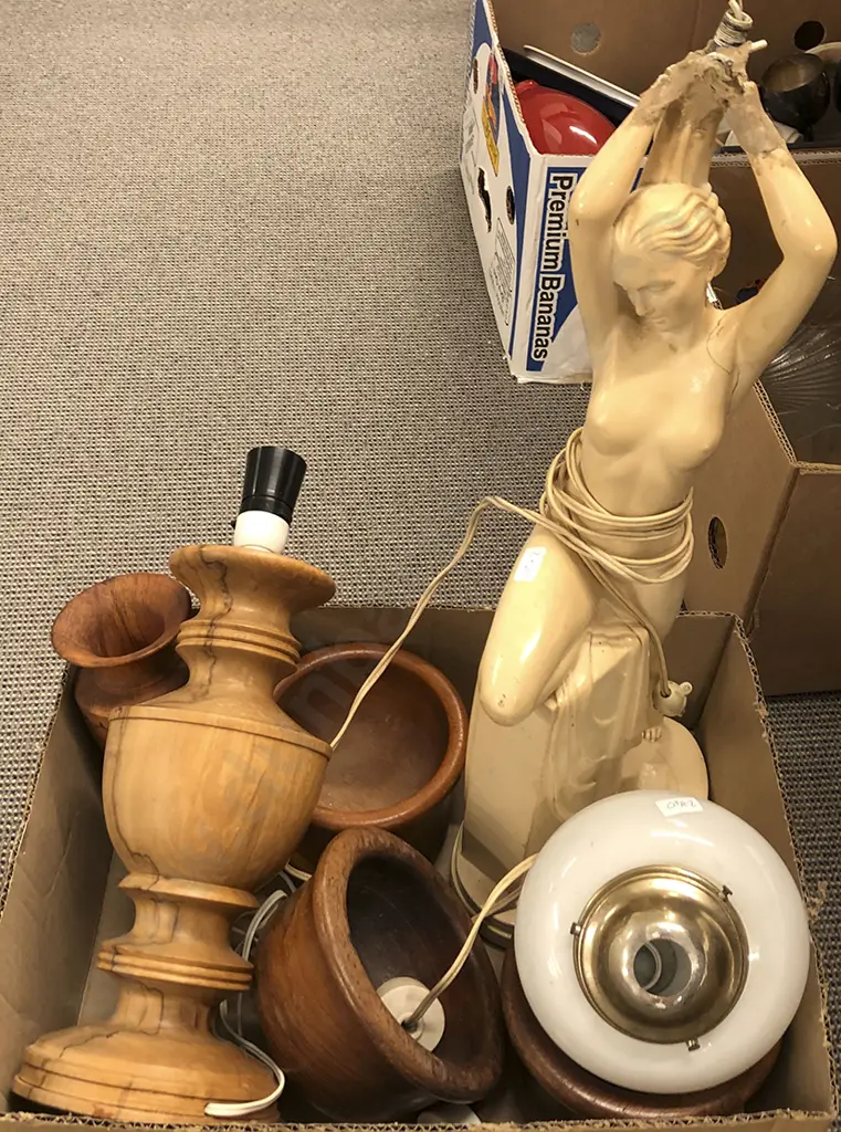 Box of Assorted Lamps and Woodware Image 1++