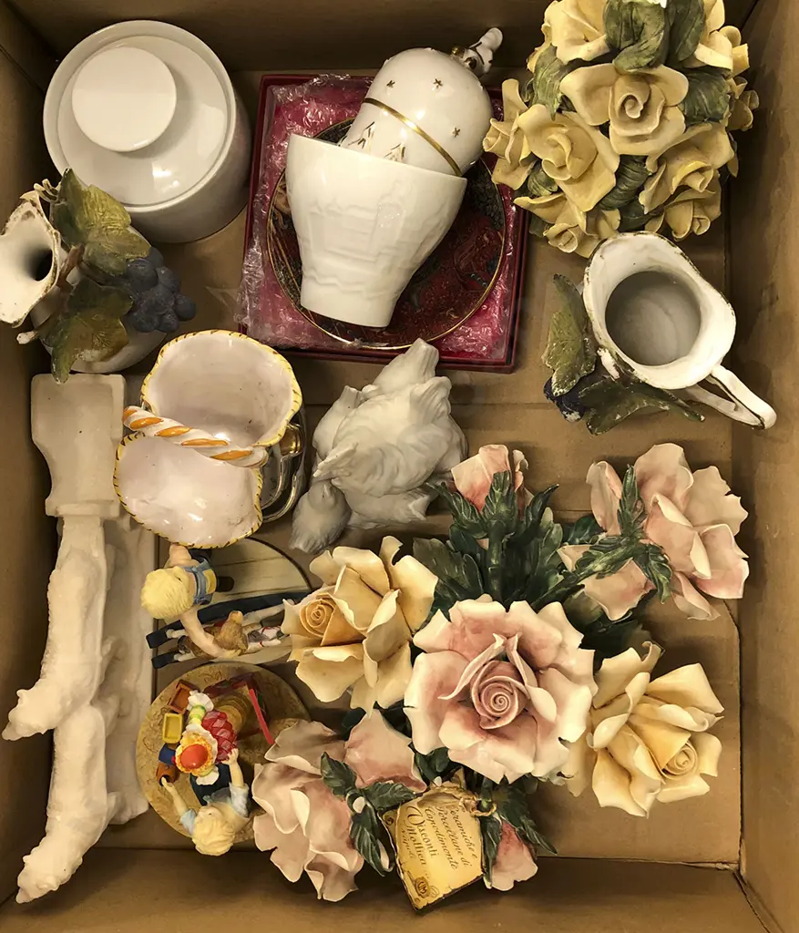 Box of Assorted Floral Ornaments and China Image 1++
