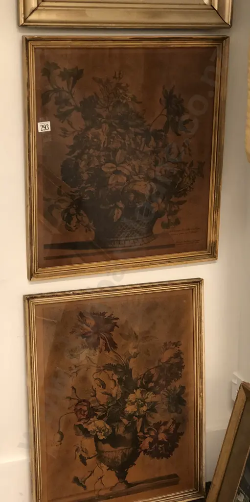 Vintage Oil on Canvas Farmyard Scene together with Two Botanical Prints Image 1++