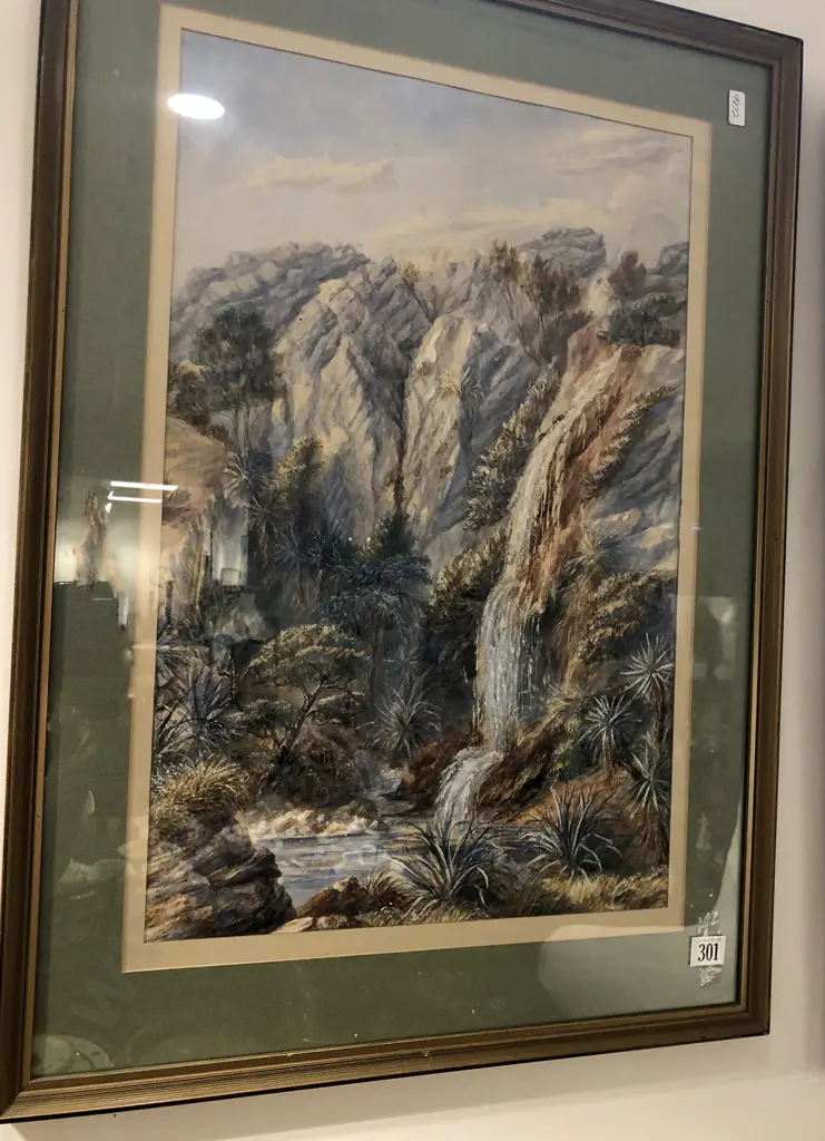 Framed  Waterfall Landscape watercolour heightened with white Image 1++