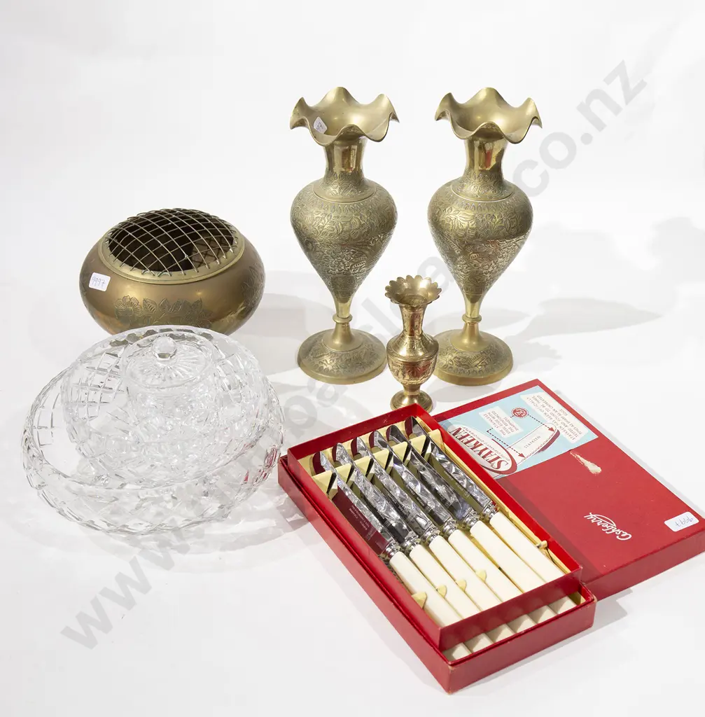 Small Quantity of Assorted Brass and Glassware with Two Boxed Cutlery Sets Image 1++