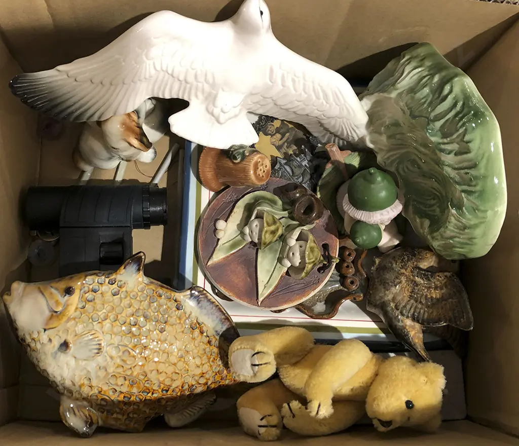 Box of Assorted China Ornaments and Charlie Chaplin Film Reel Image 1++