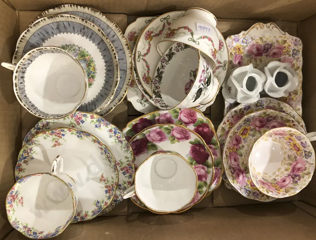Small Box of Fancy China Trios incl Royal Albert Old English Rose Image 1++