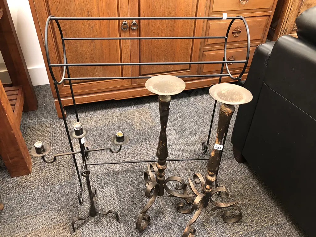 Three Metal Candlesticks Together with Towel Rack Image 1++