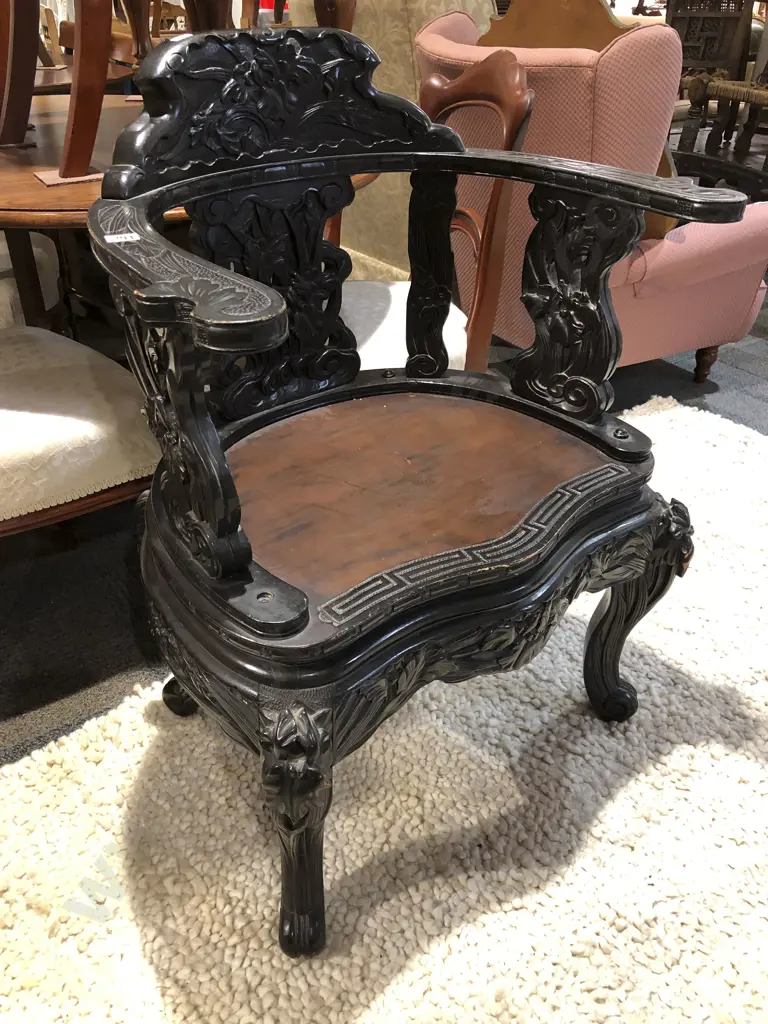 Chinese Black Lacquered and Floral Carved Arm Chair Image 1++