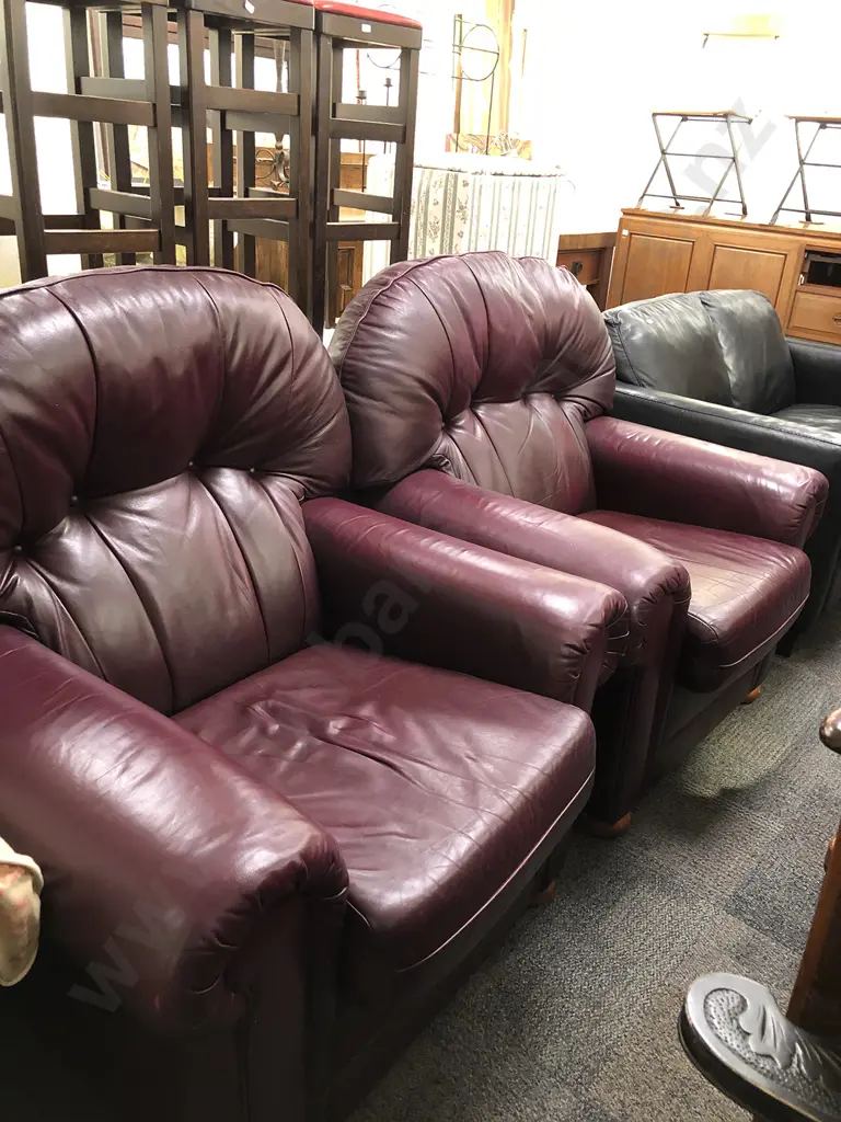 Pair of Burgundy Leather Armchairs Image 1++