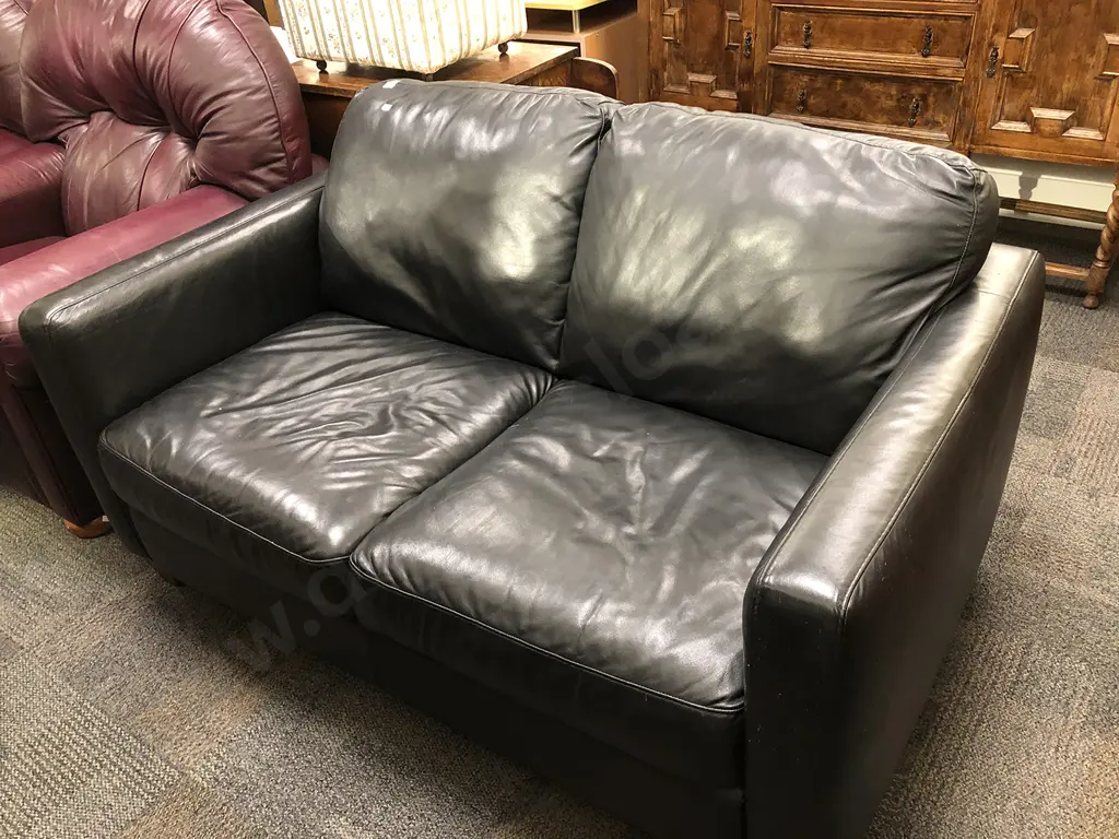 Black Leather Two Seater Sofa Image 1++