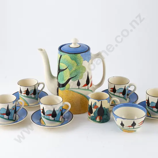 Exceptionally Rare Clarice Cliff Bizarre May Avenue Pattern Coffee Set