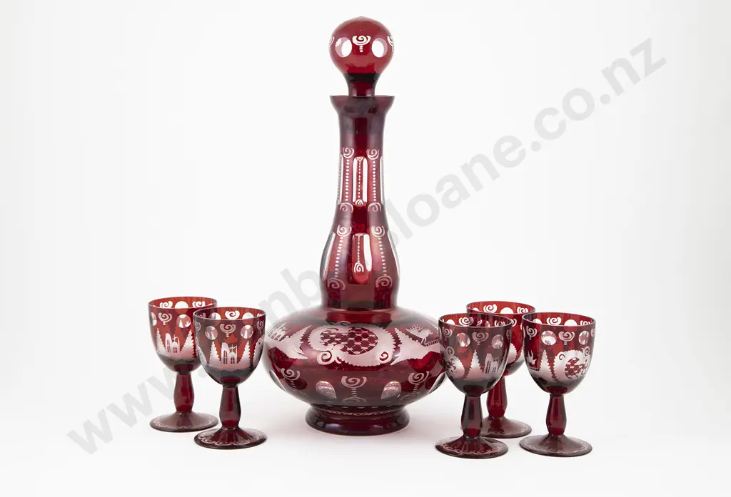 Late C19th Bohemian Ruby Glass Decanter with Five Glasses Image 1++