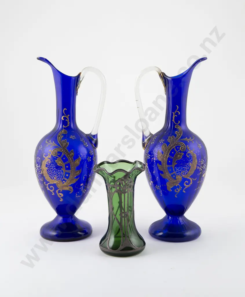 Pair Venetian Blue Glass Ewers Image 1++