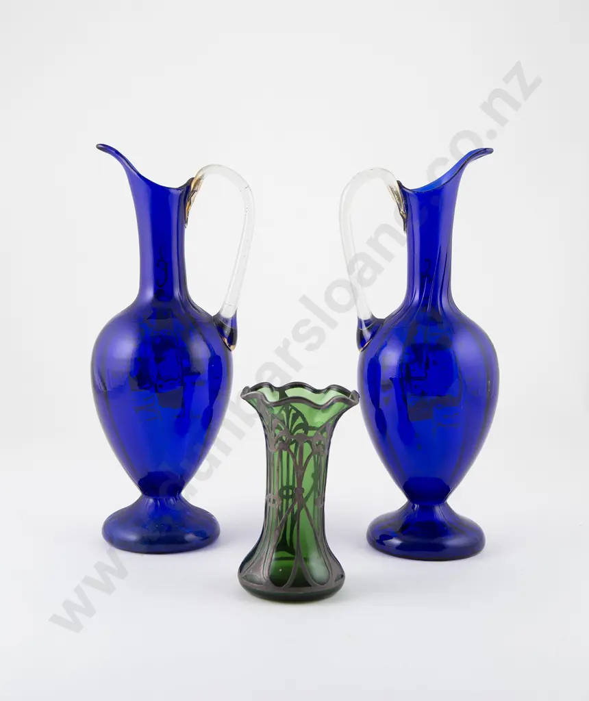Pair Venetian Blue Glass Ewers Image 1++