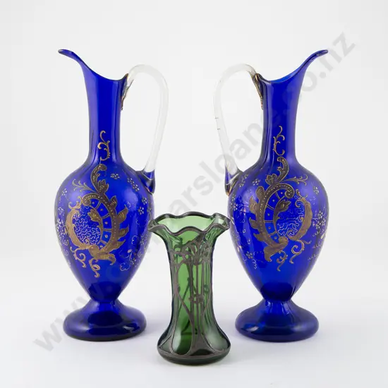 Pair Venetian Blue Glass Ewers