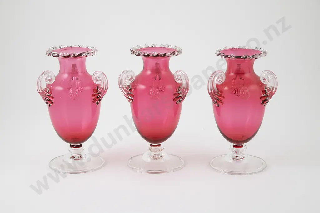Set Three Victorian Cranberry Glass Vases Image 1++
