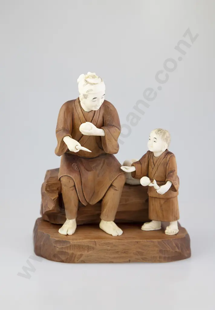 Japanese Carved Ivory & Wood Figure Group Image 1++