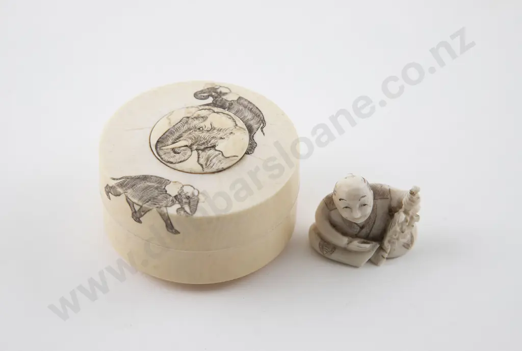 Japanese Ivory Lidded Circular Box & Netsuke Image 1++