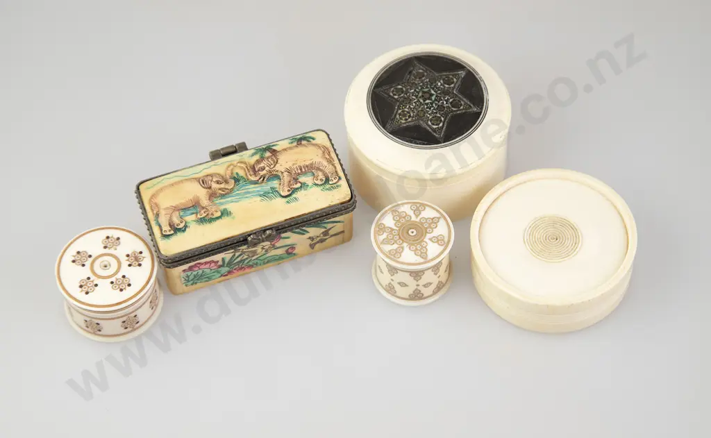 Five Various Ivory & Bone Lidded Boxes Image 1++