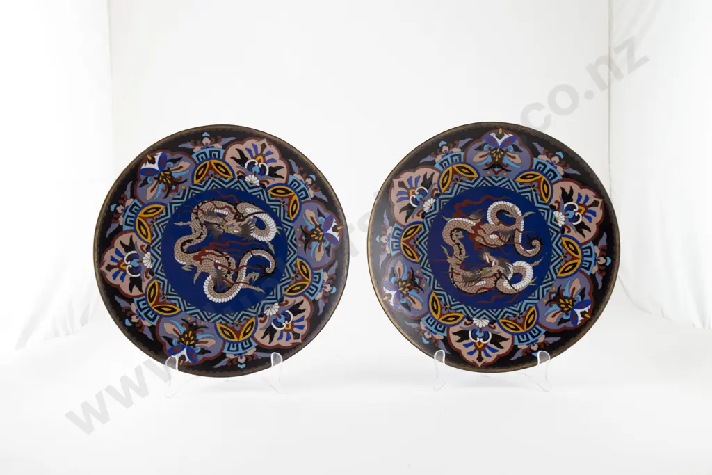 Pair Japanese Meiji Period Cloisonne Plates Image 1++