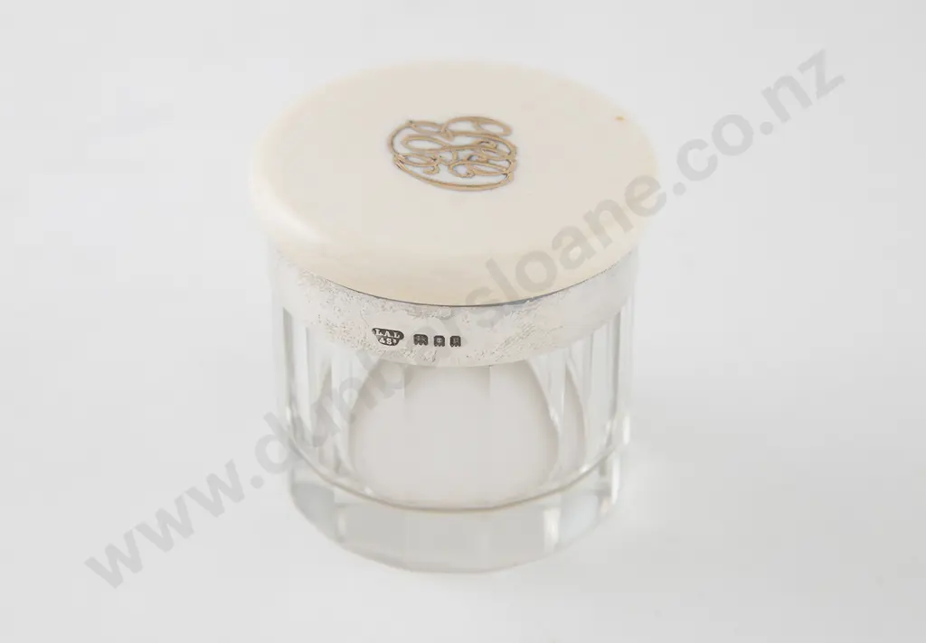Victorian S/S Mounted Ivory Lidded Glass Vanity Pot Image 1++