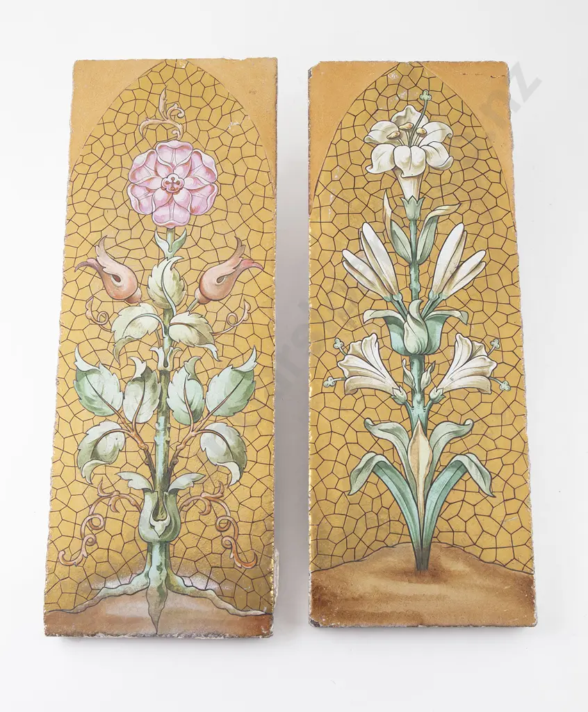 Large Pair Floral Painted & Gilded Tiles Image 1++