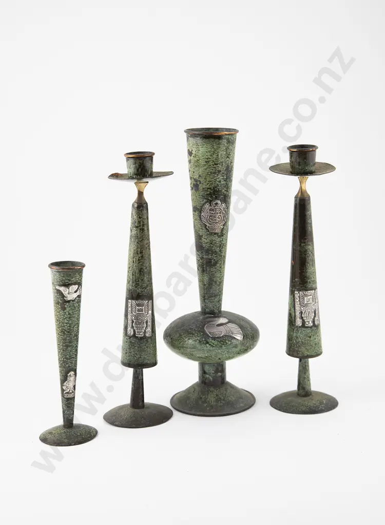 Pair Peruvian Bronze & Silver Overlaid Candlesticks Image 1++