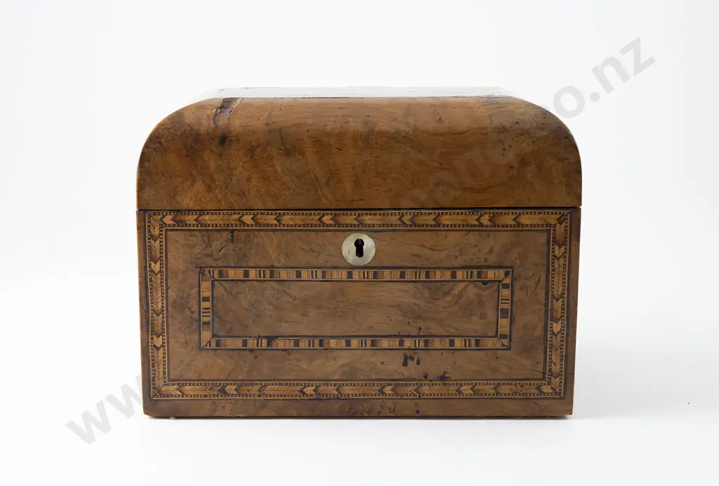 Vict Burr Walnut & Parquetry Banded Tea Caddy Image 1++
