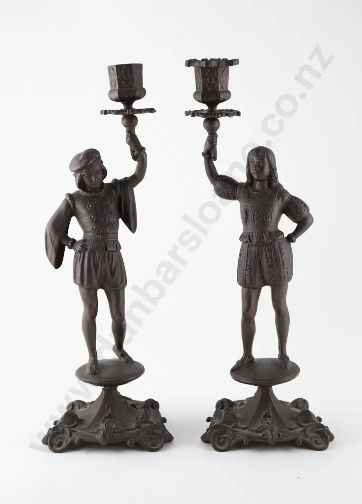 Pair C19th German Patinated Cast Iron Figural Candlesticks Image 1++