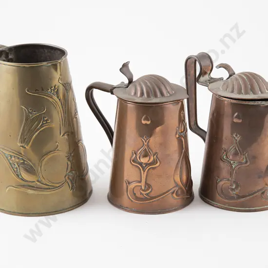 Three Art Nouveau Copper & Brass Jugs By Joseph Sankey & Sons