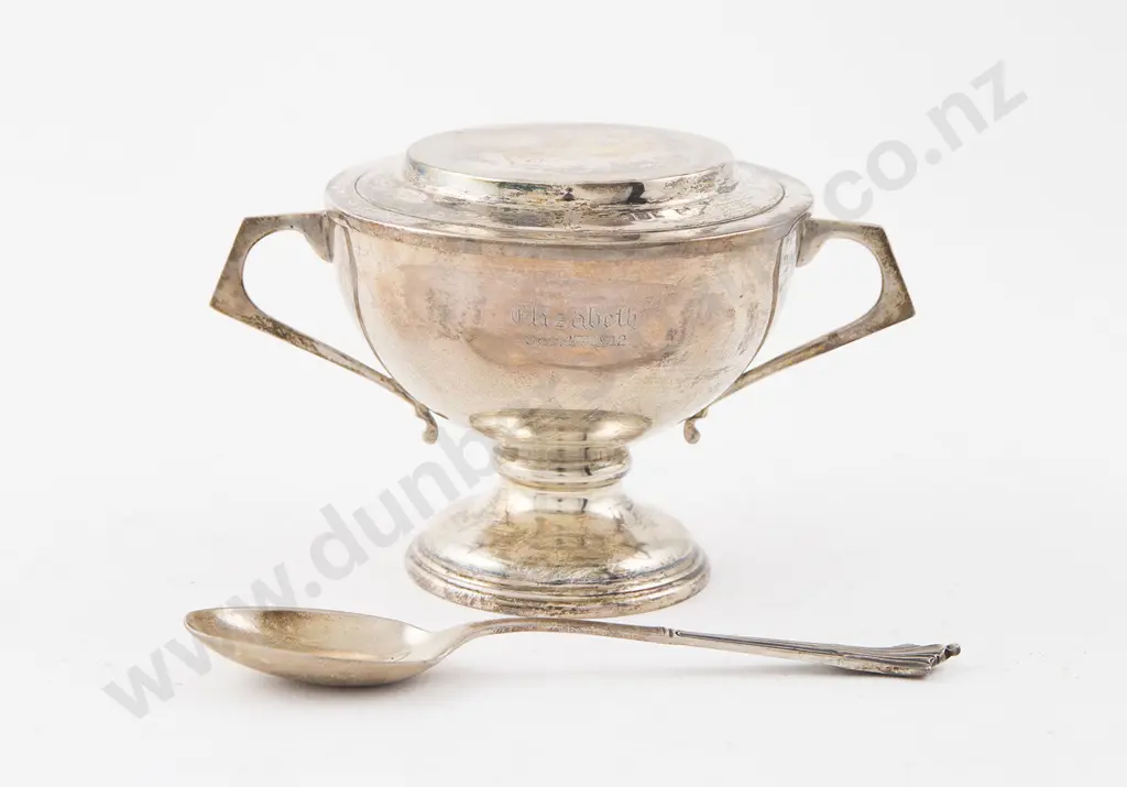 Cased Geo V S/S Cup on Stand & Spoon Image 1++