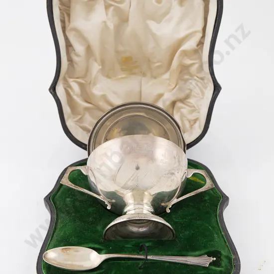 Cased Geo V S/S Cup on Stand & Spoon