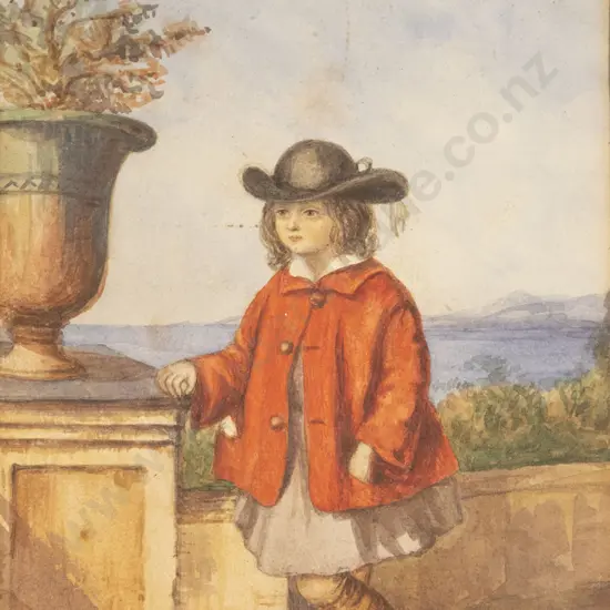 C19th European Watercolour Of A Young Girl On A Terrace