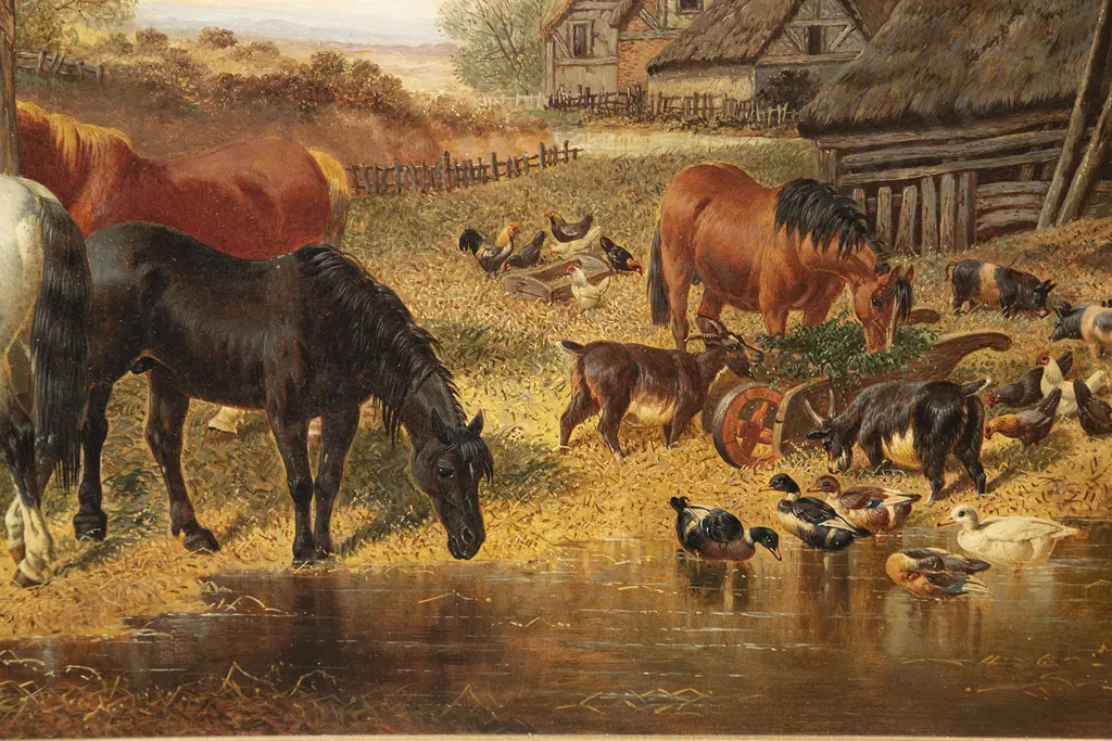 After John F Herring Jnr - English Farmstead With Horses & Farm Animals Image 1++