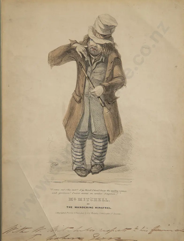 Early Victorian Lithograph of Mr Mitchell As The Wandering Minstrel Image 1++