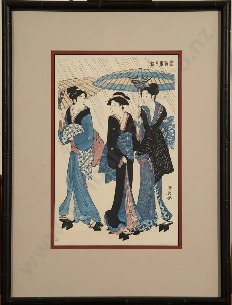 Three Japanese Woodblock Prints of Geishas Image 1++