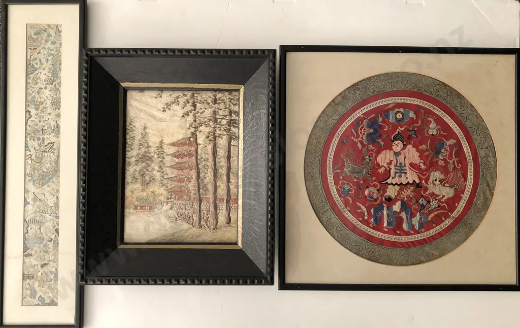 Two Framed Chinese Silk Embroideries & Japanese Silk Embroidery Image 1++