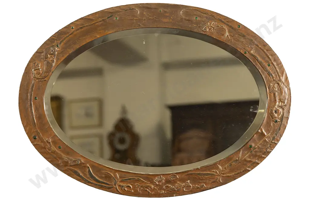 Arts & Crafts Stained Pewter Oval Wall Mirror Image 1++