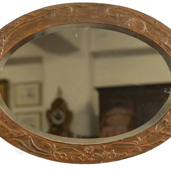 Arts & Crafts Stained Pewter Oval Wall Mirror
