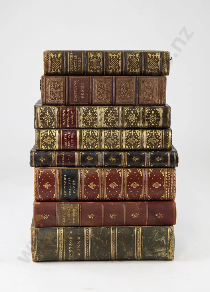 8 Finely Leather Bound Victorian Literary & Poetical Volumes Image 1++