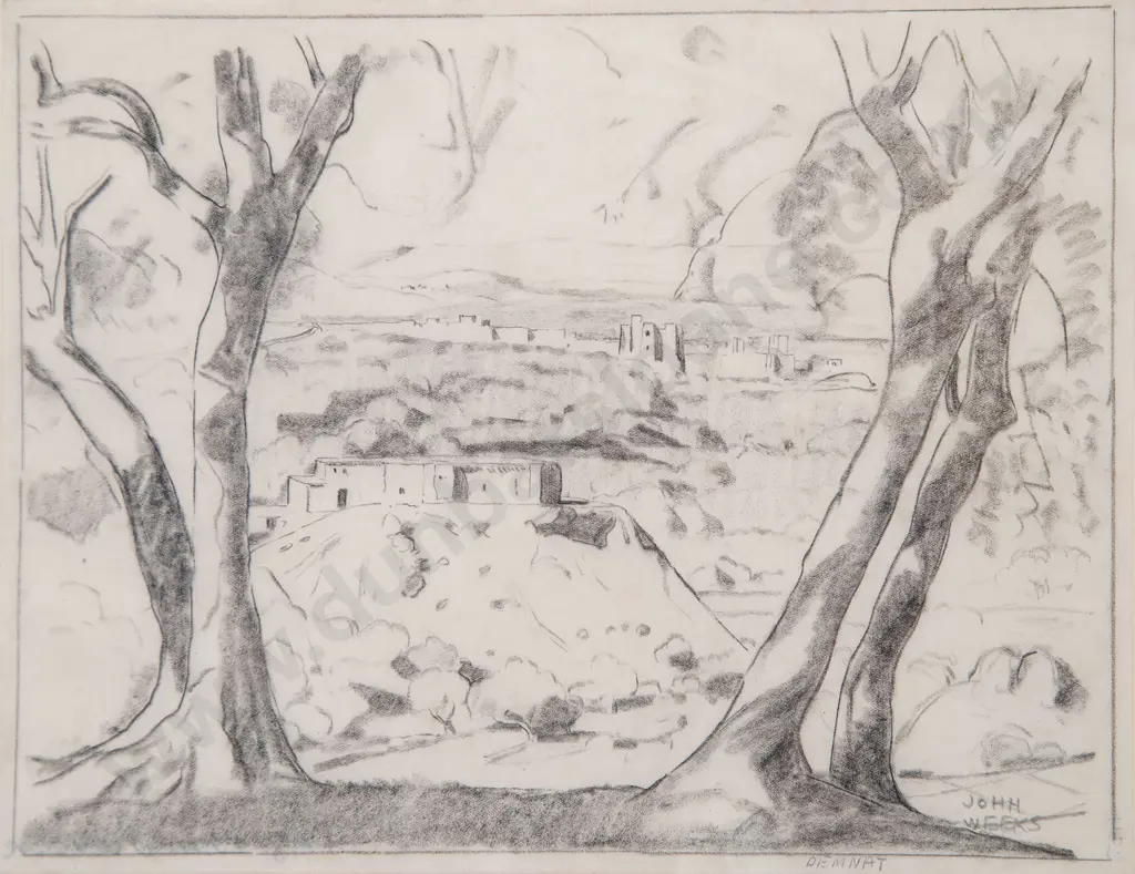 John Weeks (1888-1965) - Four Assorted Conte Landscapes Image 1++