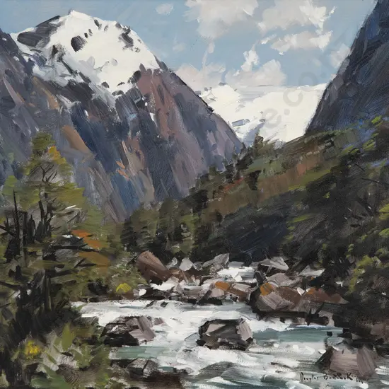 Douglas Badcock (1922-2009) - Hollyford River Near Falls Creek