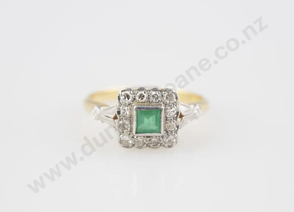 18ct & Platinum 13stone Emerald and Diamond Cluster Ring Image 1++