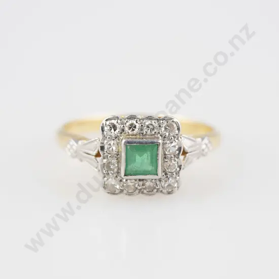 18ct & Platinum 13stone Emerald and Diamond Cluster Ring