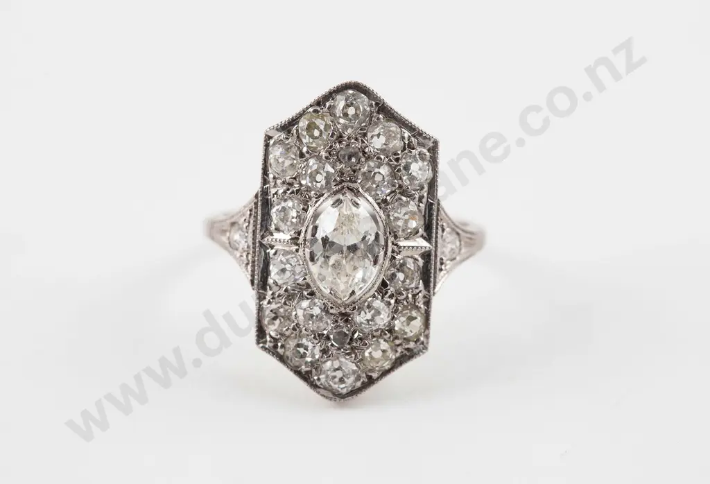 All Platinum Art Deco Diamond Cluster Ring Image 1++