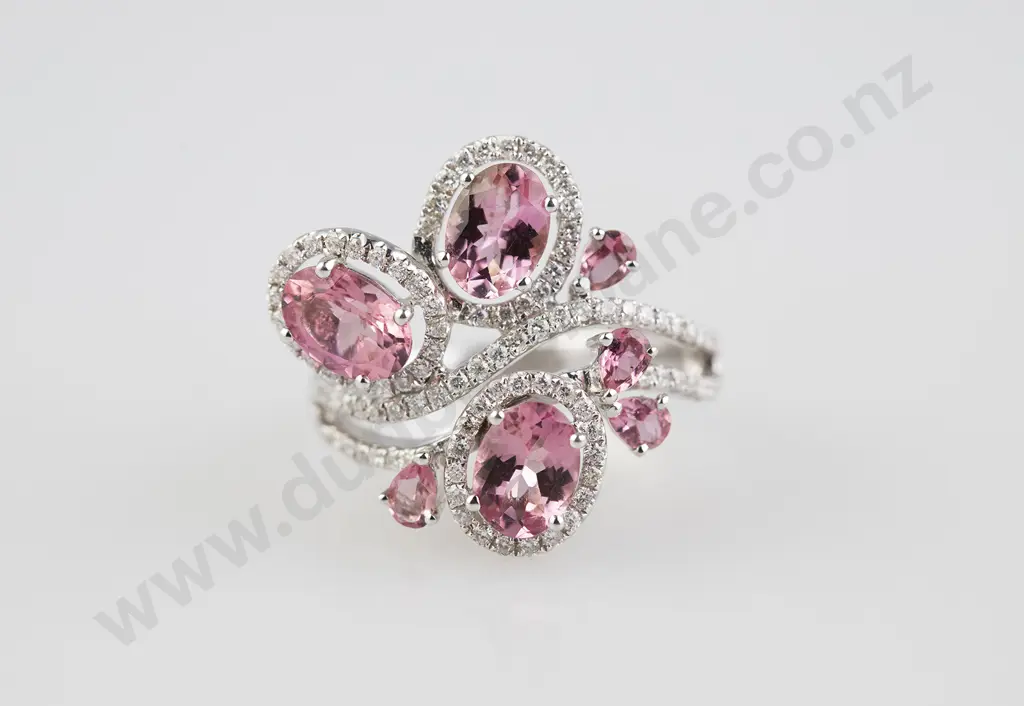 18ct White Gold 101stone Pink Tourmaline and Diamond Cluster Dress Ring Image 1++