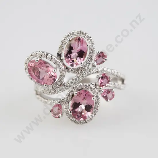 18ct White Gold 101stone Pink Tourmaline and Diamond Cluster Dress Ring