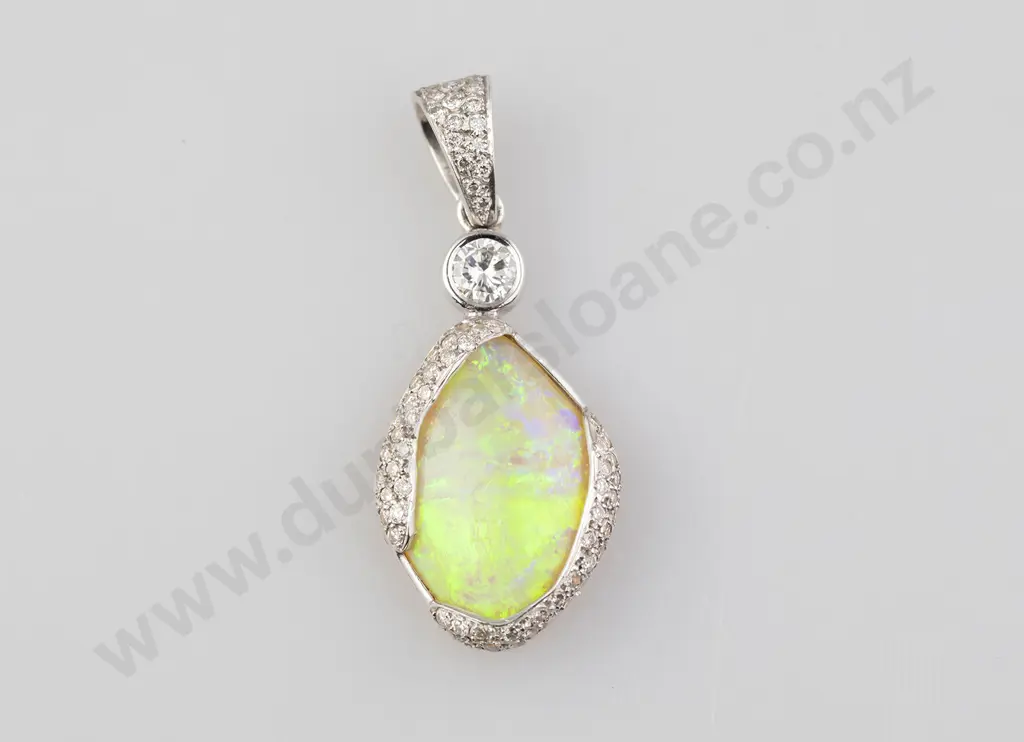 18ct White Gold Opal and Diamond Pendant Image 1++